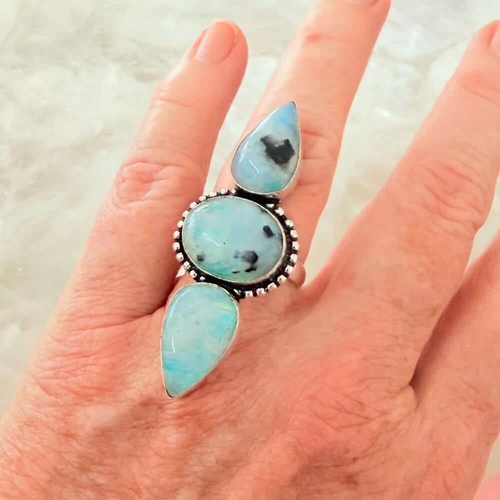 Rainbow Moonstone 3 Stone Statement Ring 925 Silver Overlay - Picture 5 of 8